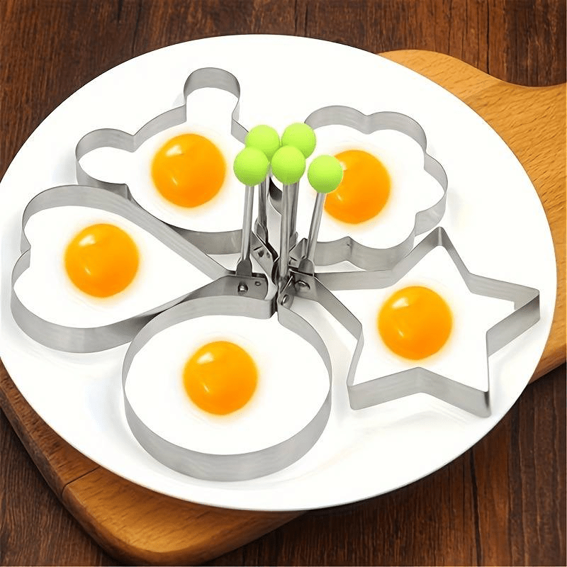 Set of 5 Stainless Steel Egg Molds - Enhanced Non-Stick Fried & Poached Egg Shaper with Heart and Rice Ball Designs for Unique Kitchen Creations