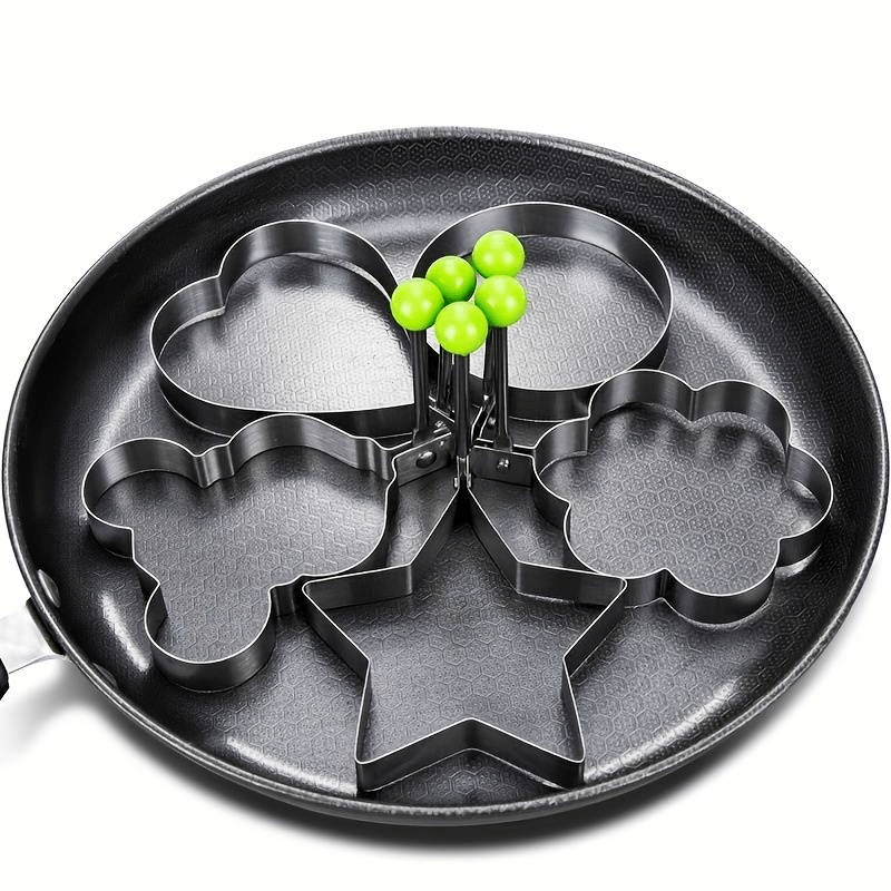 Set of 5 Stainless Steel Egg Molds - Enhanced Non-Stick Fried & Poached Egg Shaper with Heart and Rice Ball Designs for Unique Kitchen Creations