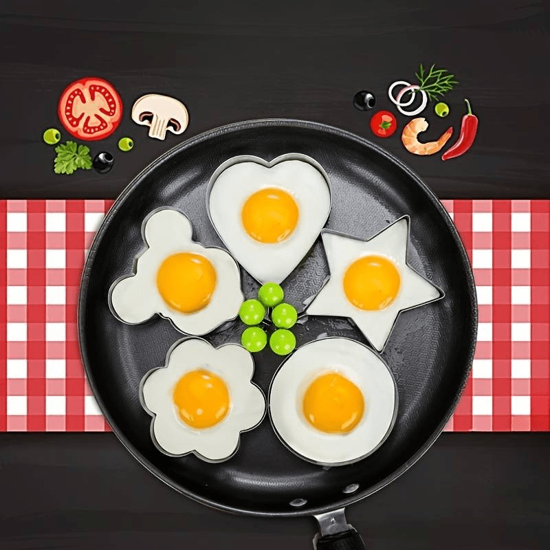 Set of 5 Stainless Steel Egg Molds - Enhanced Non-Stick Fried & Poached Egg Shaper with Heart and Rice Ball Designs for Unique Kitchen Creations