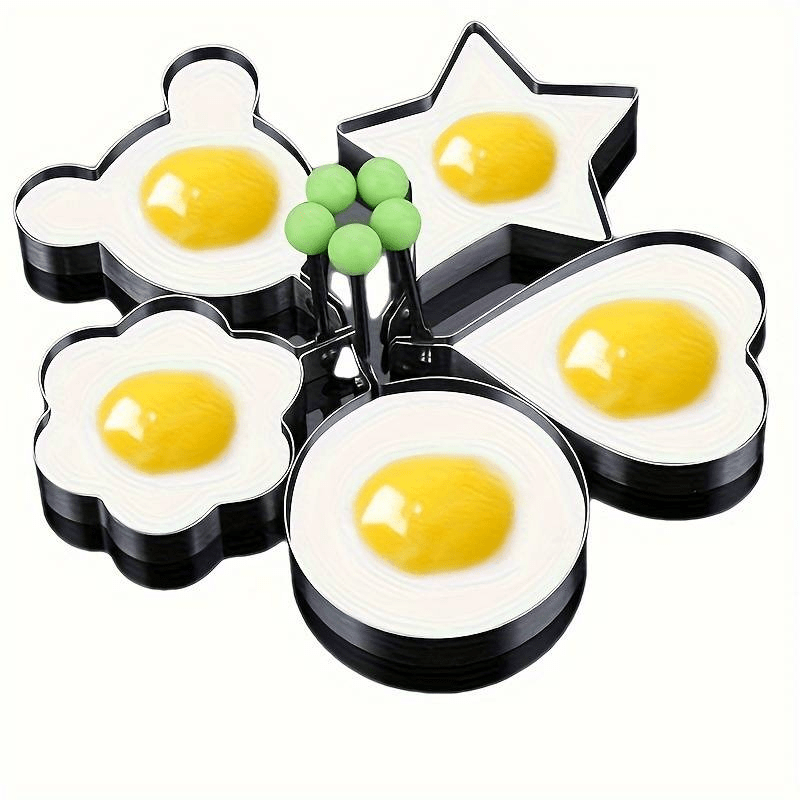 Set of 5 Stainless Steel Egg Molds - Enhanced Non-Stick Fried & Poached Egg Shaper with Heart and Rice Ball Designs for Unique Kitchen Creations