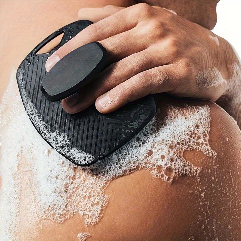 Men's ergonomic silicone body scrubber features a soft, non-slip handle and bubble-free exfoliating shower brush.