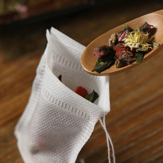 100 Tea Bags made of Nonwoven material, designed for use with Spice Tea Infusers. These Disposable Tea Bags come with a string seal, ideal for use in Restaurants, Hotels, Family Gatherings, Theme Parties, Weddings, and Birthday Parties.