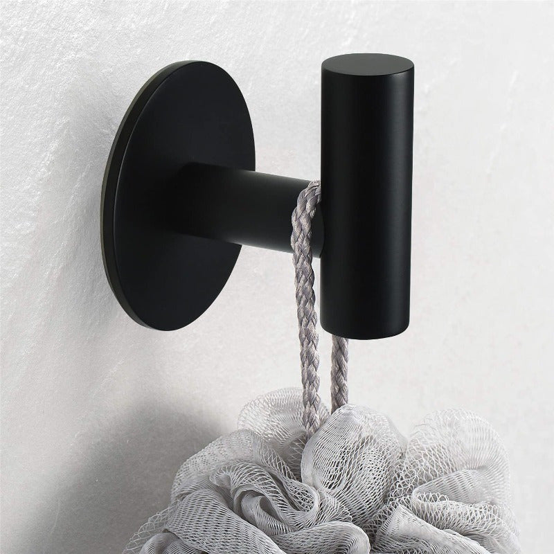 Stainless steel bathroom hook for hanging clothes.