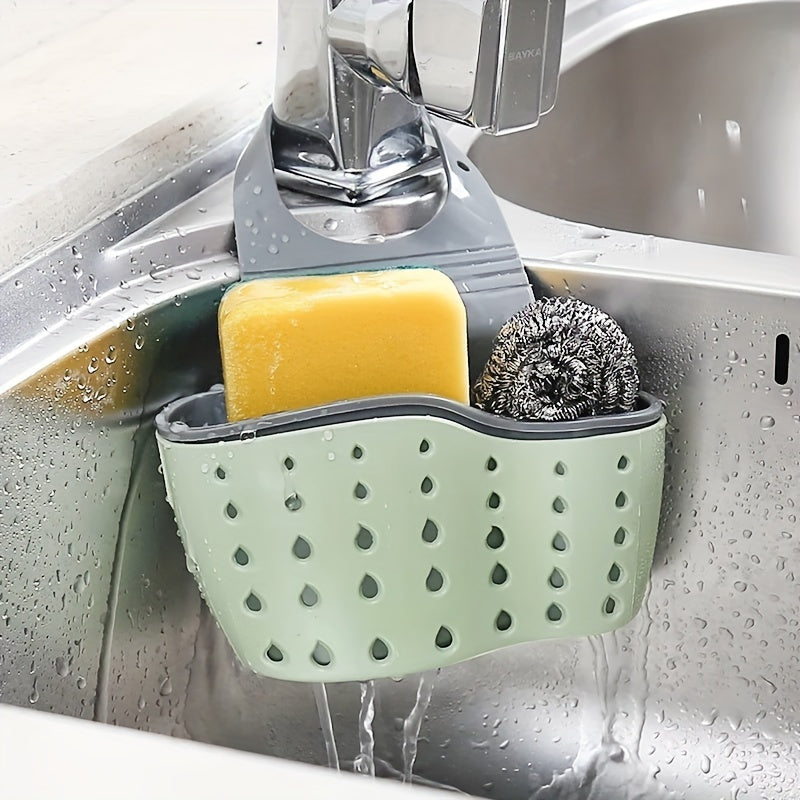 Adjustable silicone sink caddy for sponges and supplies, no batteries required.