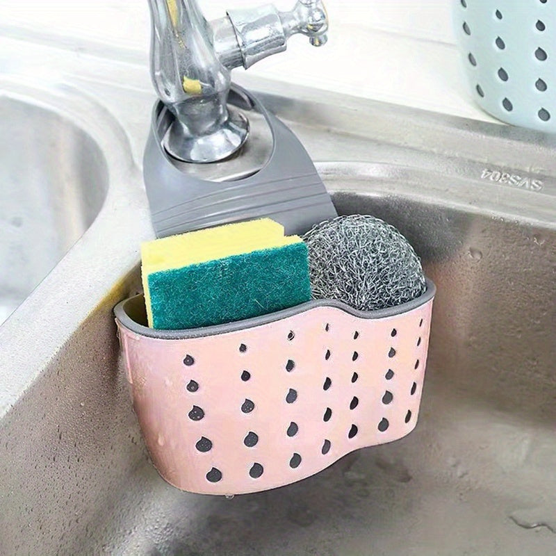 Adjustable silicone sink caddy for sponges and supplies, no batteries required.