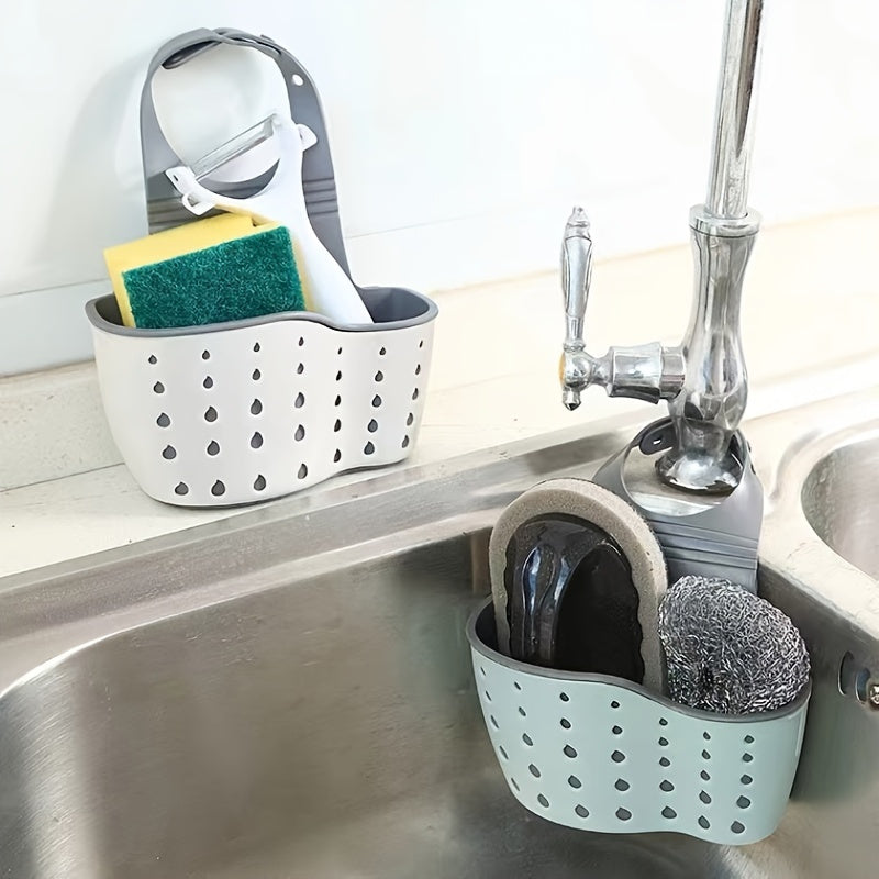 Adjustable silicone sink caddy for sponges and supplies, no batteries required.