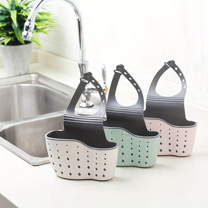 Adjustable silicone sink caddy for sponges and supplies, no batteries required.