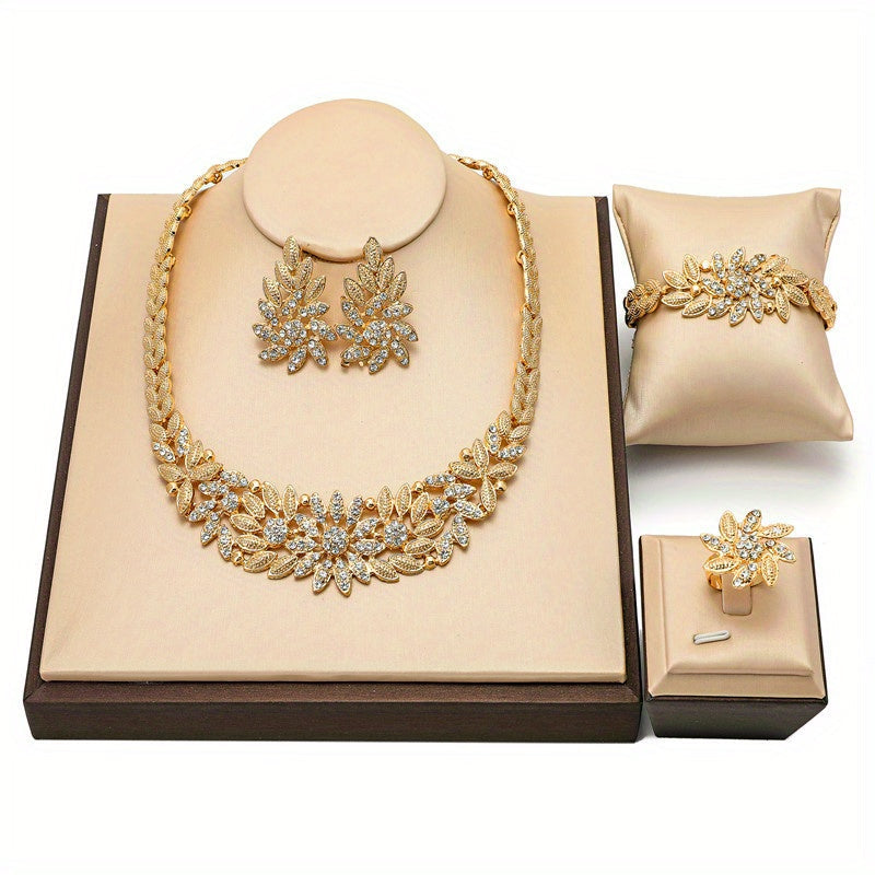 Sophisticated 5-piece Women's Jewelry Set in Gold Tone - Features Necklace, Bracelet, Earrings, and Ring Adorned with Glittering Rhinestones - Ideal for Weddings and Formal Events