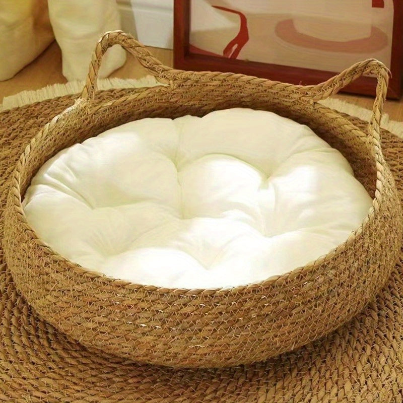 Pair of cozy cat beds made of linen rattan with breathable polyester fill, perfect for all seasons and easy to carry with handles.