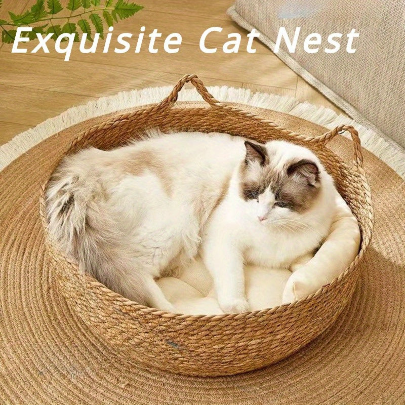 Pair of cozy cat beds made of linen rattan with breathable polyester fill, perfect for all seasons and easy to carry with handles.