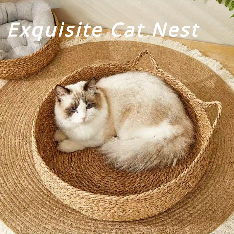 Pair of cozy cat beds made of linen rattan with breathable polyester fill, perfect for all seasons and easy to carry with handles.