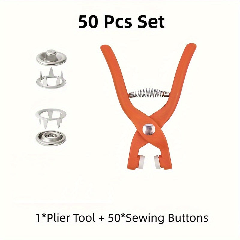 50 sets of snap kits with manual pressure pliers and golden sewing snaps for DIY crafts and clothing accessories.