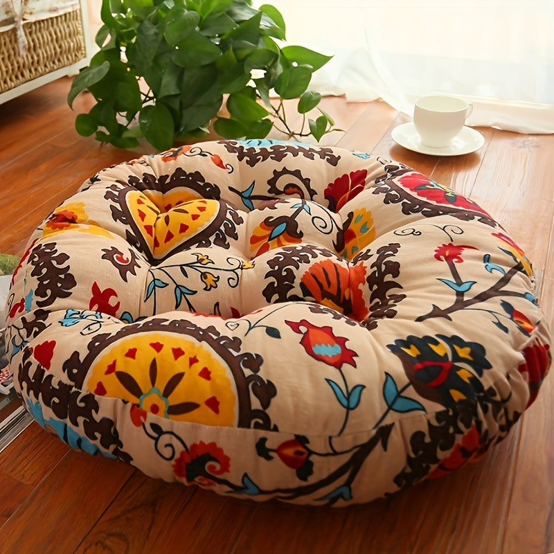 Polyester round floor cushion for meditation and living room decor, machine washable.