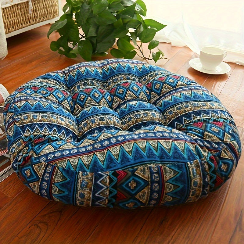 Polyester round floor cushion for meditation and living room decor, machine washable.