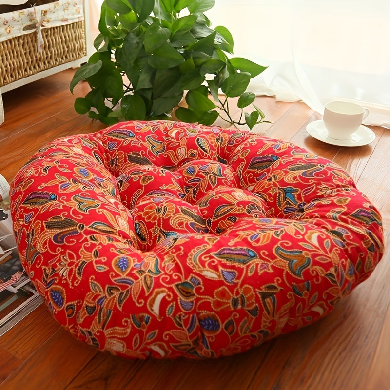 Polyester round floor cushion for meditation and living room decor, machine washable.