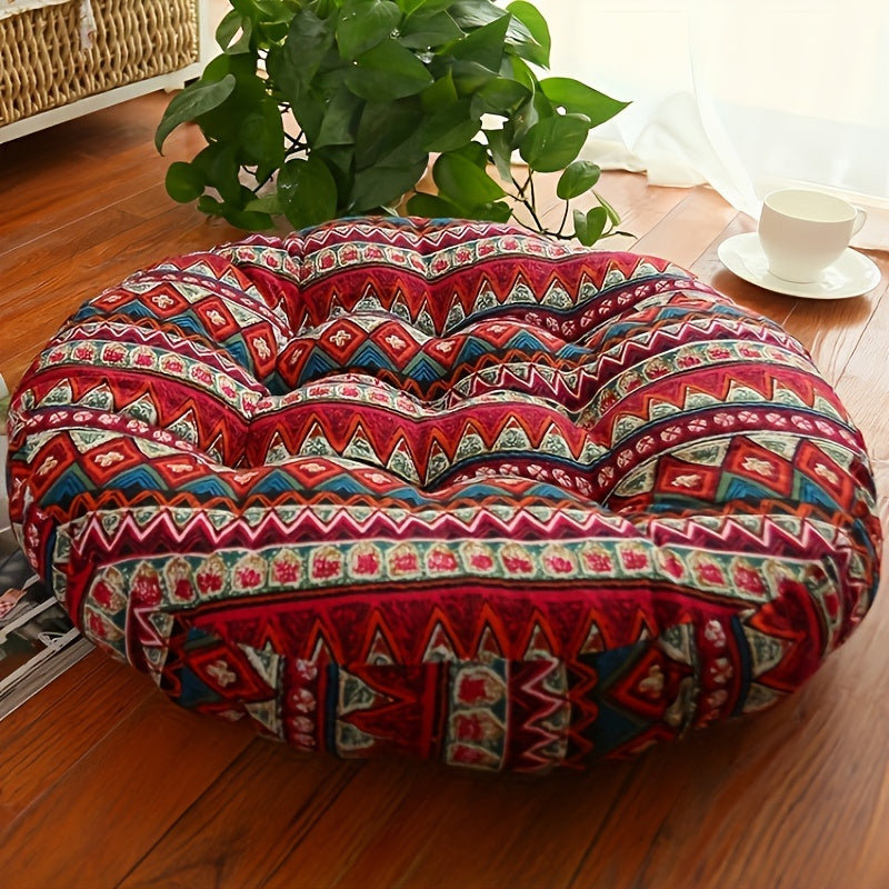 Polyester round floor cushion for meditation and living room decor, machine washable.