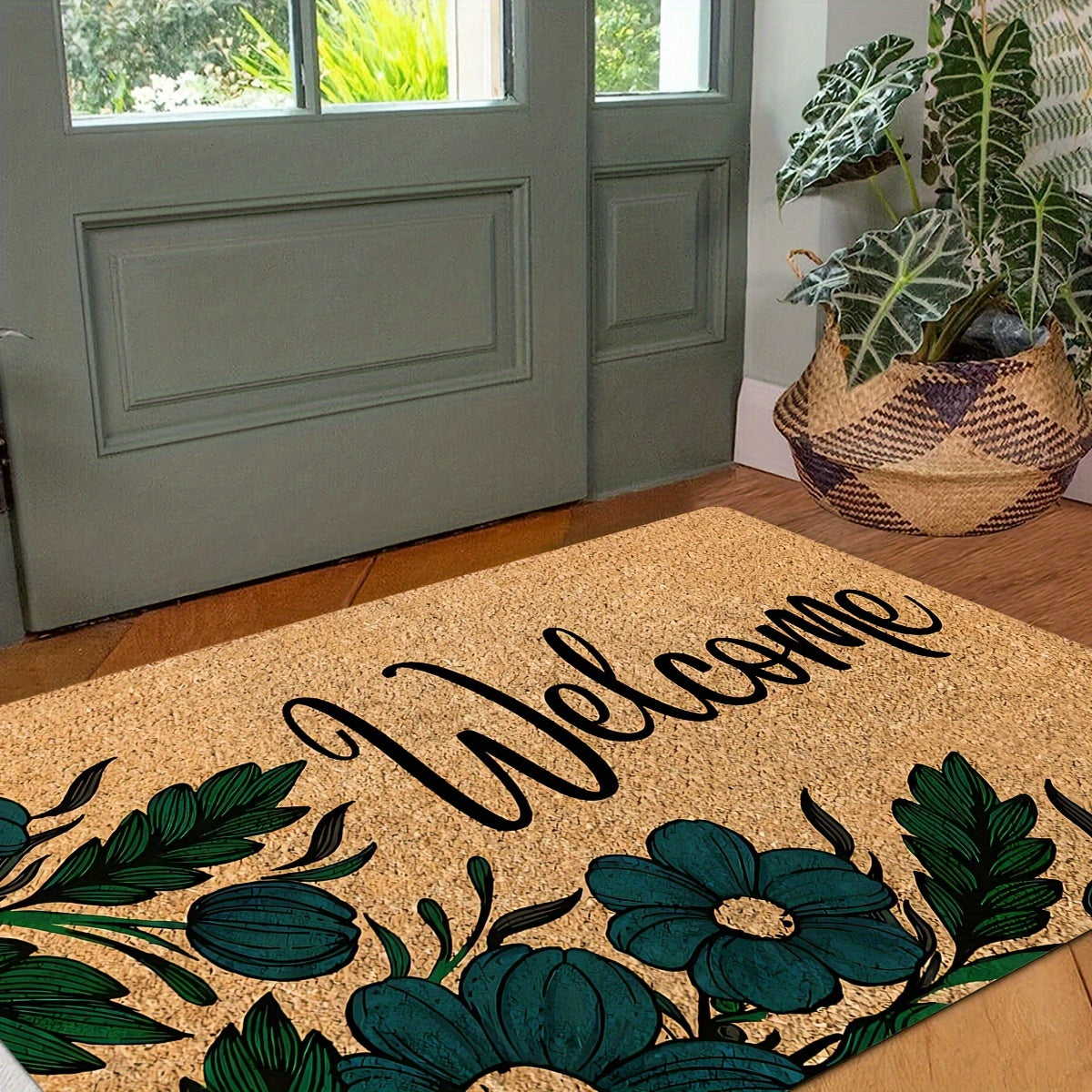 Brown Welcome Home Floral Door Mat - Anti-Slip, Stain-Resistant Polyester with Sponge Backing, Ideal for Entryway, Kitchen, Living Room, and Beyond