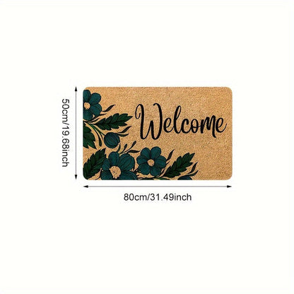 Brown Welcome Home Floral Door Mat - Anti-Slip, Stain-Resistant Polyester with Sponge Backing, Ideal for Entryway, Kitchen, Living Room, and Beyond