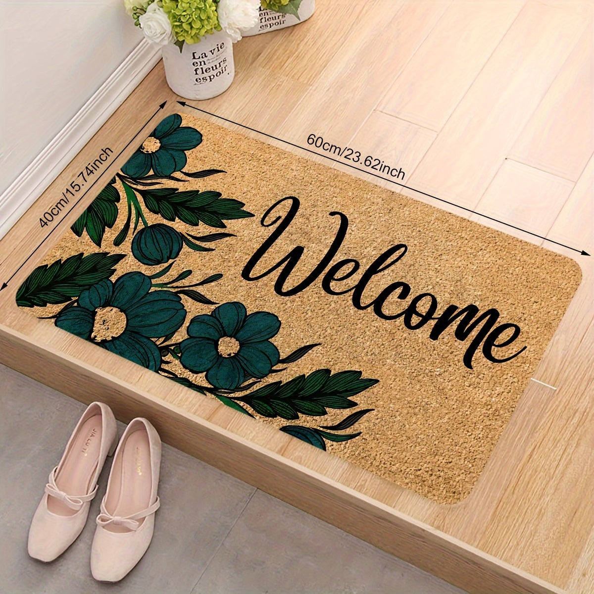 Brown Welcome Home Floral Door Mat - Anti-Slip, Stain-Resistant Polyester with Sponge Backing, Ideal for Entryway, Kitchen, Living Room, and Beyond