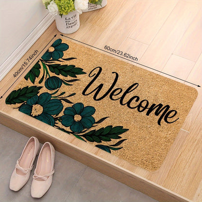 Brown Welcome Home Floral Door Mat - Anti-Slip, Stain-Resistant Polyester with Sponge Backing, Ideal for Entryway, Kitchen, Living Room, and Beyond