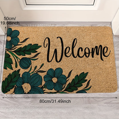 Brown Welcome Home Floral Door Mat - Anti-Slip, Stain-Resistant Polyester with Sponge Backing, Ideal for Entryway, Kitchen, Living Room, and Beyond