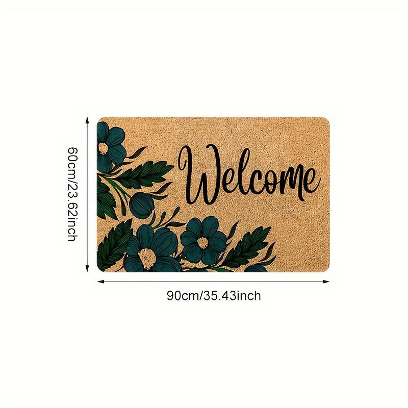 Brown Welcome Home Floral Door Mat - Anti-Slip, Stain-Resistant Polyester with Sponge Backing, Ideal for Entryway, Kitchen, Living Room, and Beyond