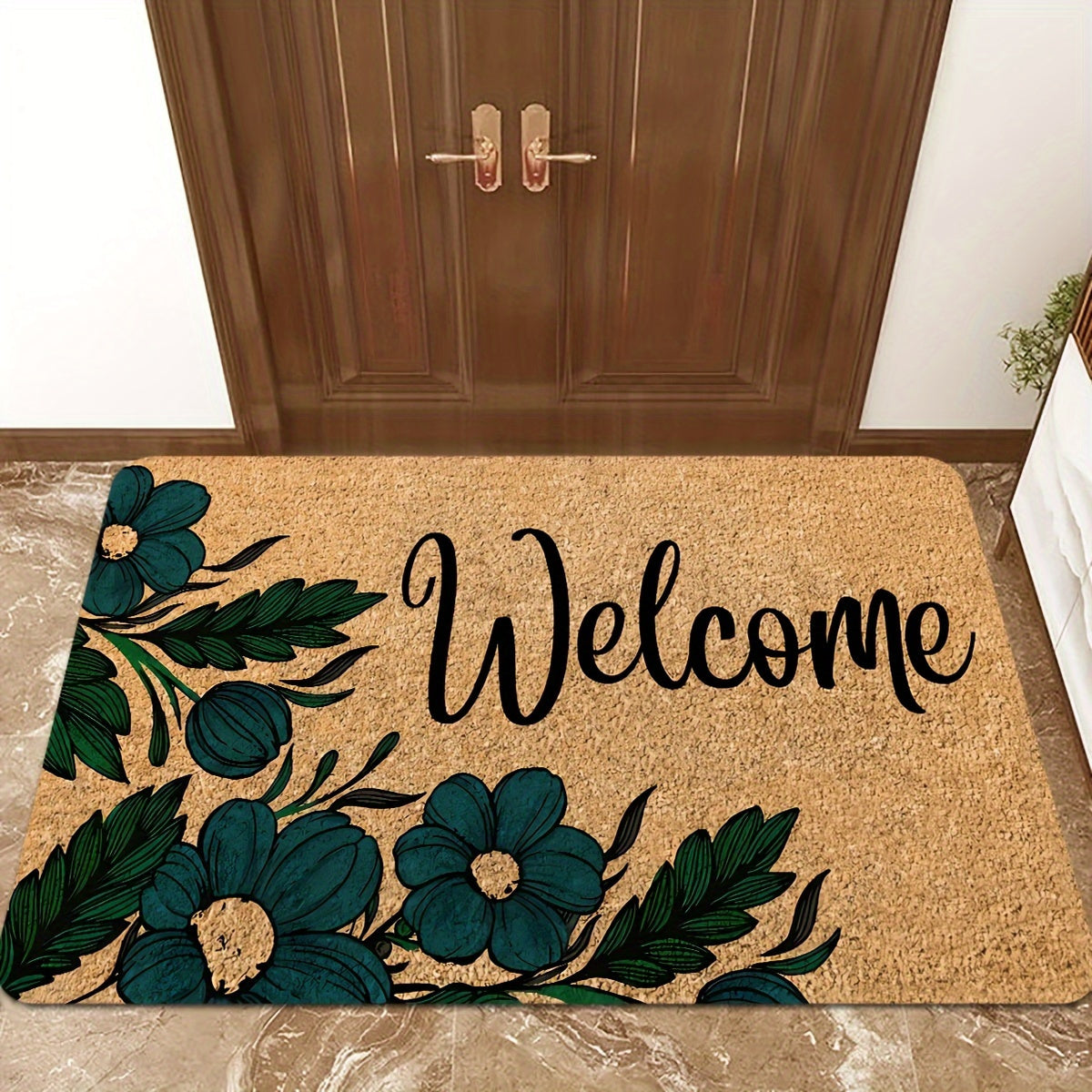 Brown Welcome Home Floral Door Mat - Anti-Slip, Stain-Resistant Polyester with Sponge Backing, Ideal for Entryway, Kitchen, Living Room, and Beyond