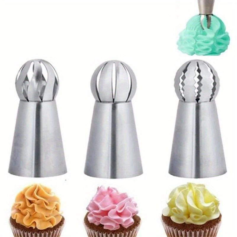 Set of 3 stainless steel piping tips, includes ball shaped icing nozzles for professional cake decoration at home or bakery. Perfect for cake decorating and other kitchen supplies.