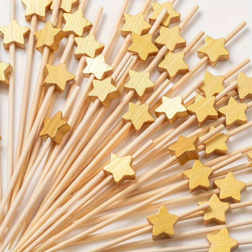 100 Golden Star Wooden Cocktail Picks - Elegant Party Decor for Kitchen and Dining