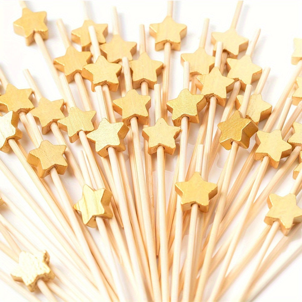 100 Golden Star Wooden Cocktail Picks - Elegant Party Decor for Kitchen and Dining