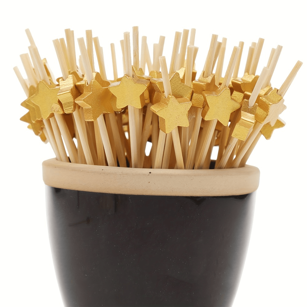 100 Golden Star Wooden Cocktail Picks - Elegant Party Decor for Kitchen and Dining