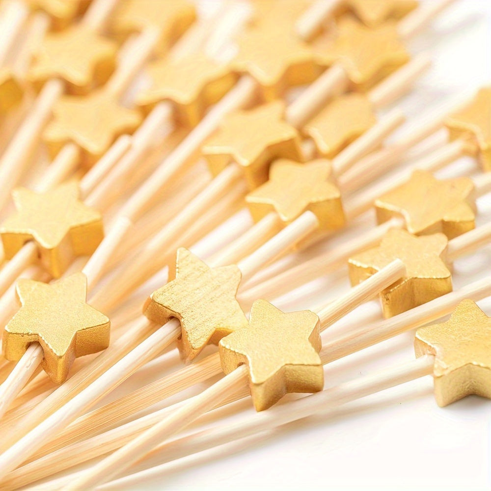 100 Golden Star Wooden Cocktail Picks - Elegant Party Decor for Kitchen and Dining