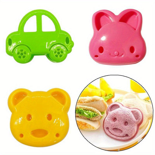 Sandwich Cutter Set with Cartoon Shapes - Includes 3 Plastic Bread Knives in Rabbit, Bear, and Car Designs for Kids' Bento Lunches