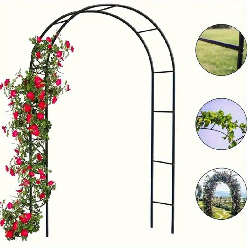 Black metal pavilion with industrial hardware and hooks, perfect for climbing plants and outdoor garden decoration, ideal for Valentine's.