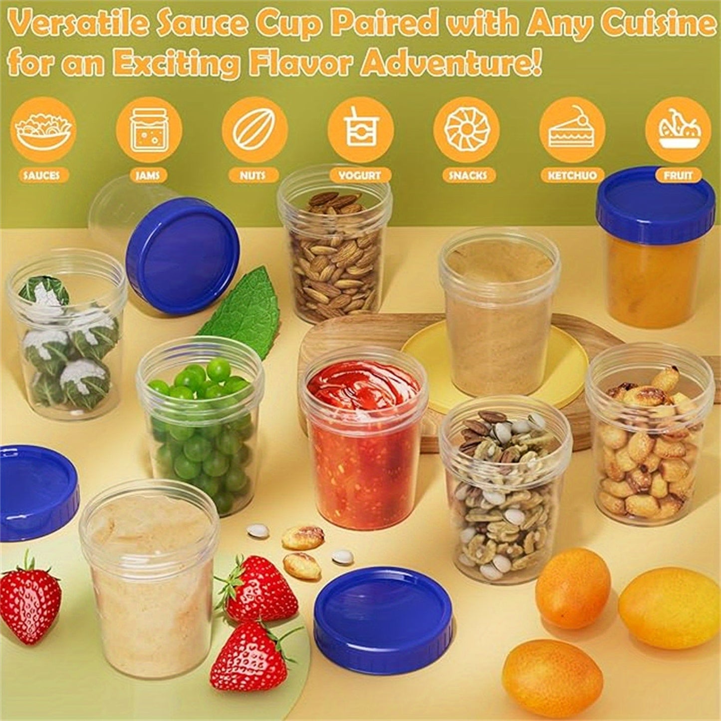 Pack of 10 leakproof salad dressing containers with screw lids, each holding 4oz - Made of reusable, stackable plastic perfect for snacks and ketchup - Suitable for freezer storage in the kitchen.