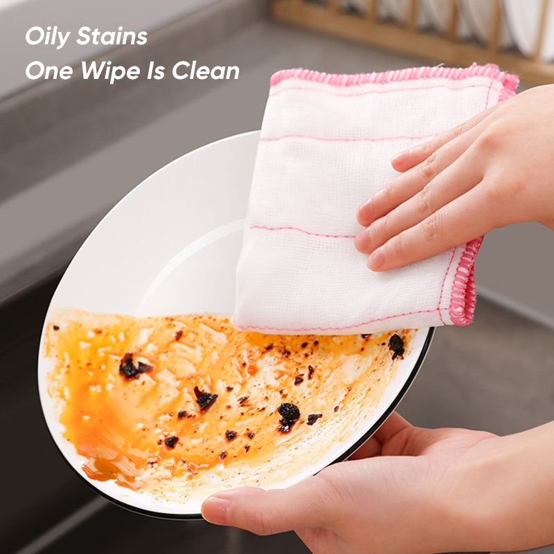 Available in packs of 10, 15, or 20 pieces, this Anti-Oil Kitchen Towel is made with 8 layers of microfiber for superior cleaning power. This thick and absorbent cloth also doubles as a scouring pad, perfect for daily kitchen cleaning tasks. Each towel