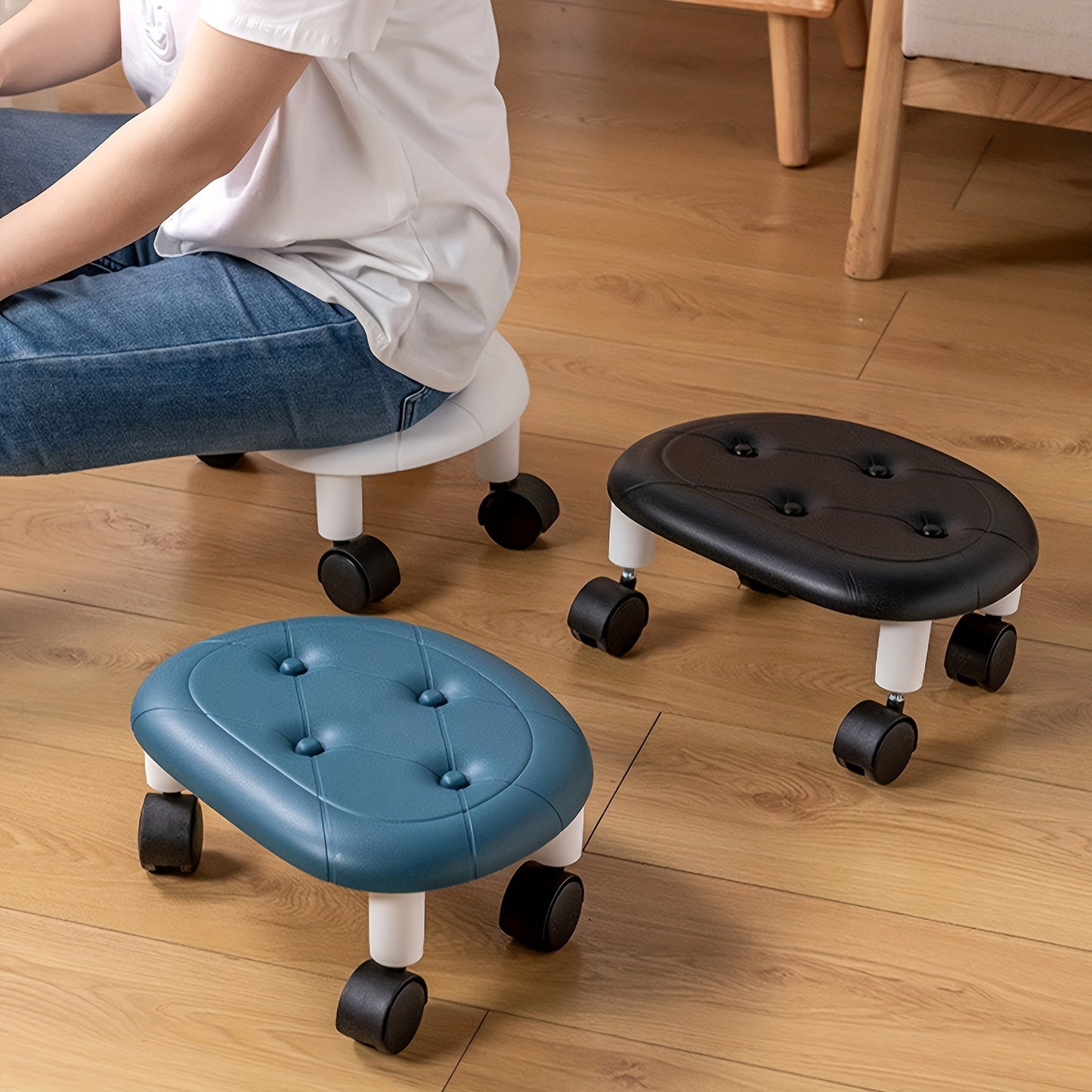 Get the sleek and sturdy 1-piece COFIT Rolling Low Stool with Wheels in your choice of White, Deep Blue, or Black. Perfect for various spaces in your home, from the entryway to the bathroom and bedroom. Ideal for changing shoes and organizing your home