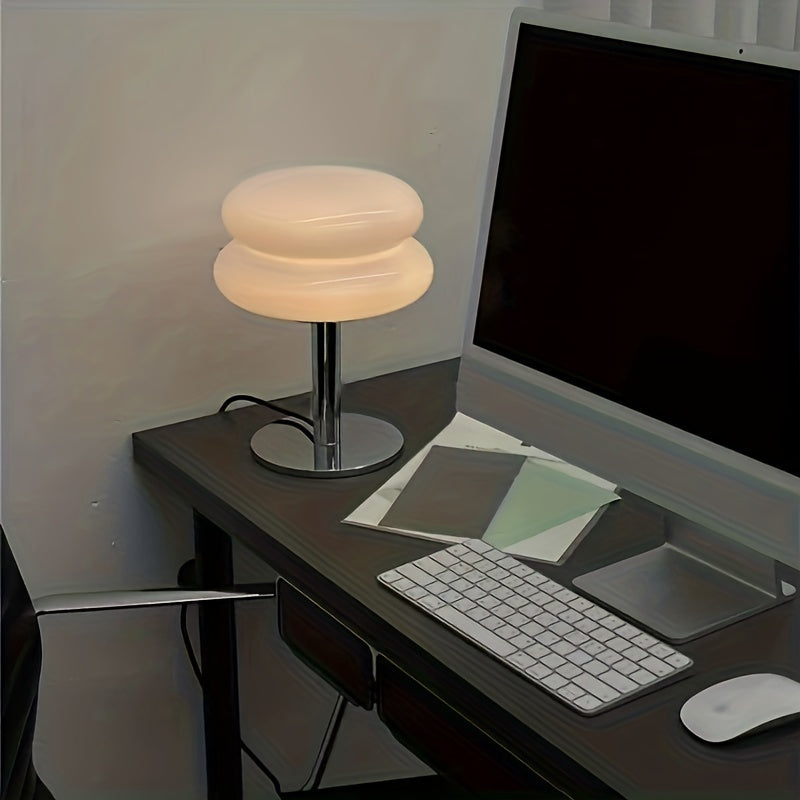 Modern USB-powered glass table lamp with dimmable feature, polished metal base, and warm ambient light for multiple rooms and uses. Ideal for nightstand, desk decor, and bedroom lamp.