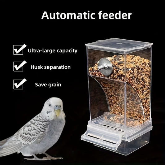 Bird feeder for parrots with large capacity, husk separation, splash-proof design, and movable drawer for easy cleaning.