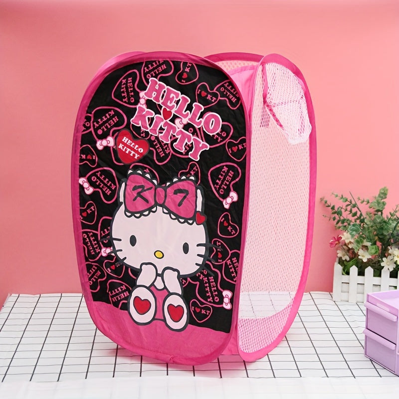 Kawaii and adorable Sanrio storage bag featuring Hello Kitty and Kuromi. This foldable organizer can be used for storing dirty clothes or as a laundry basket.