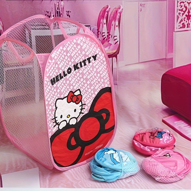 Kawaii and adorable Sanrio storage bag featuring Hello Kitty and Kuromi. This foldable organizer can be used for storing dirty clothes or as a laundry basket.