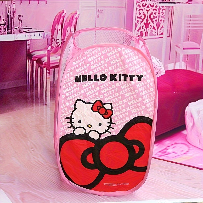 Kawaii and adorable Sanrio storage bag featuring Hello Kitty and Kuromi. This foldable organizer can be used for storing dirty clothes or as a laundry basket.