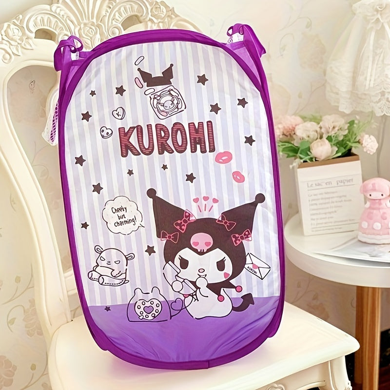 Kawaii and adorable Sanrio storage bag featuring Hello Kitty and Kuromi. This foldable organizer can be used for storing dirty clothes or as a laundry basket.