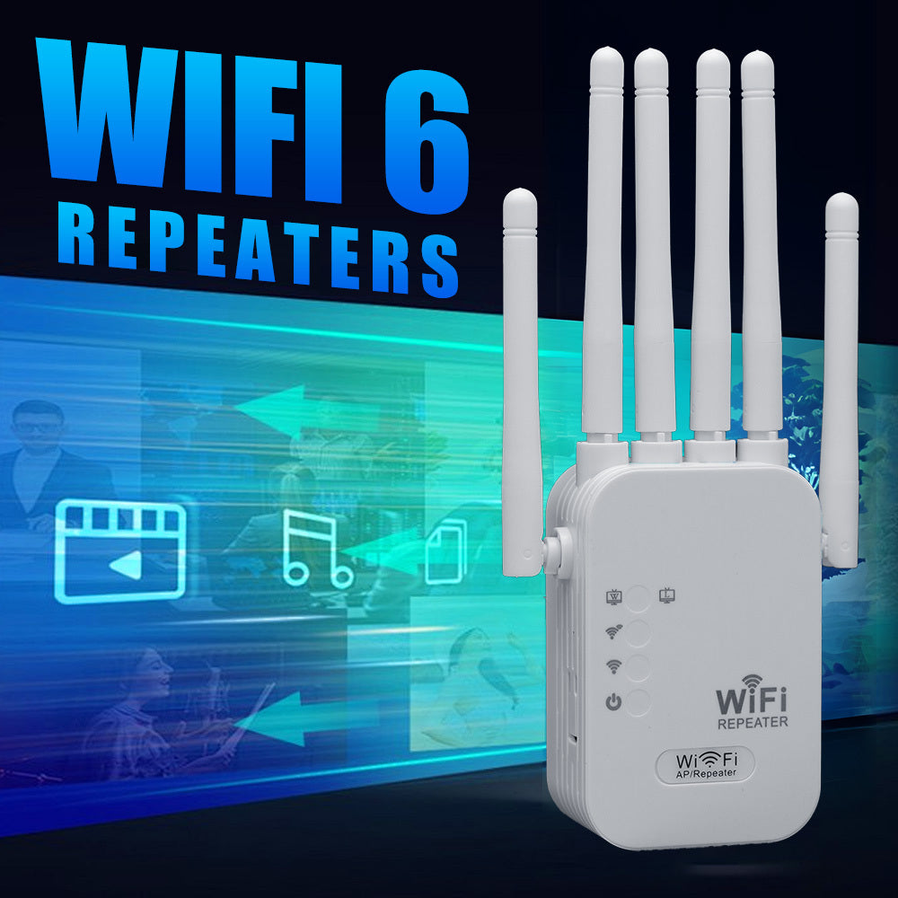 Introducing the 2024 Wifi Extender with Wifi 6, 1200Mbps speed, 6 antennas, AP mode, and Ethernet ports.