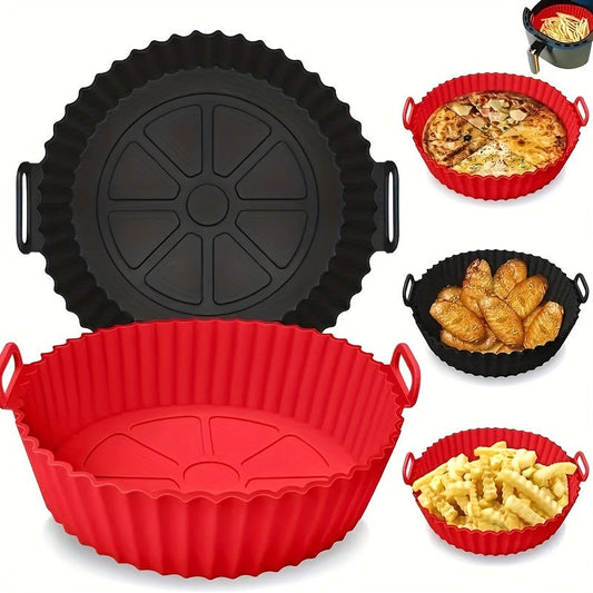 Reusable, non-stick silicone air fryer basket liner designed for 3QT-5QT air fryers. Heat resistant up to 240°C, perfect for baking and cooking. Available in blue and black, ideal for holiday parties and everyday kitchen use. Portable and folding with a