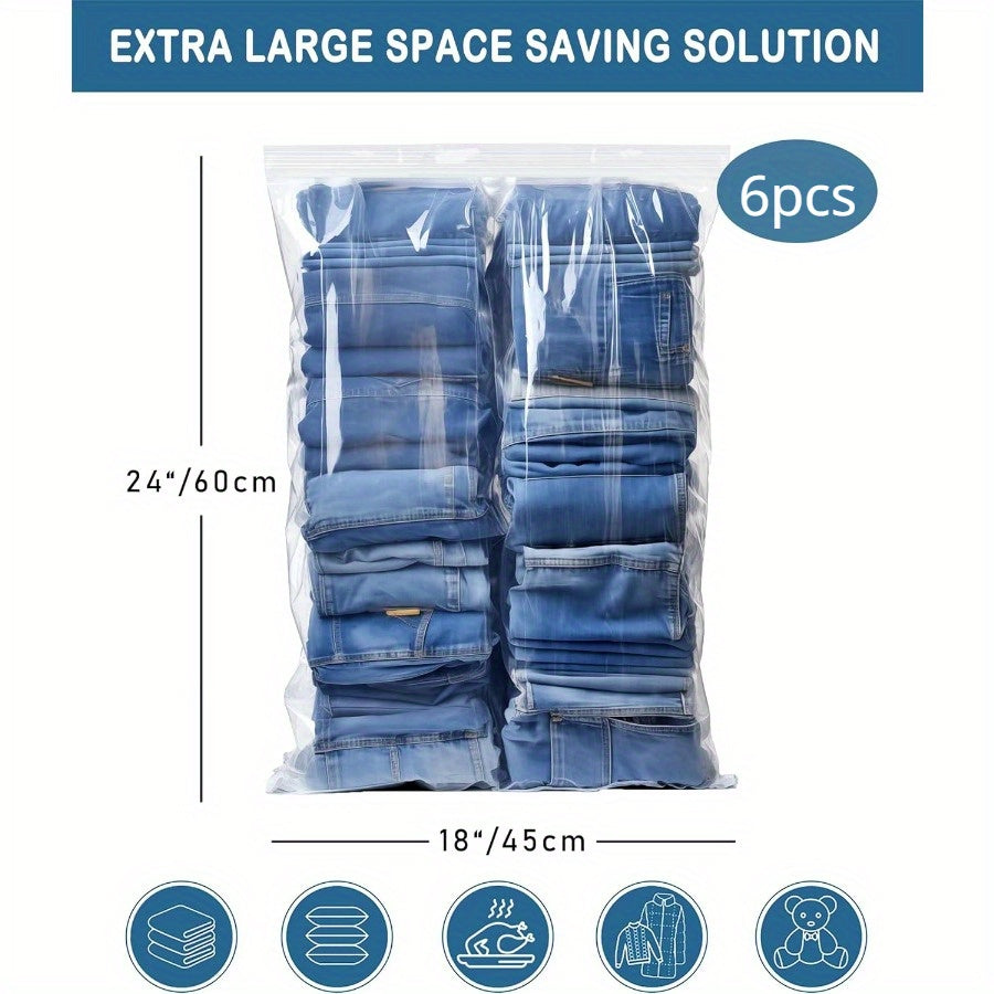 Get a pack of 6 large plastic zipper storage bags, each measuring 18.93 L and 45.72X60.96 cm. These clear reclosable bags are extra-thick and sealable, perfect for storage, food prep, moving, and more. BPA-free and reusable, these bags are great for