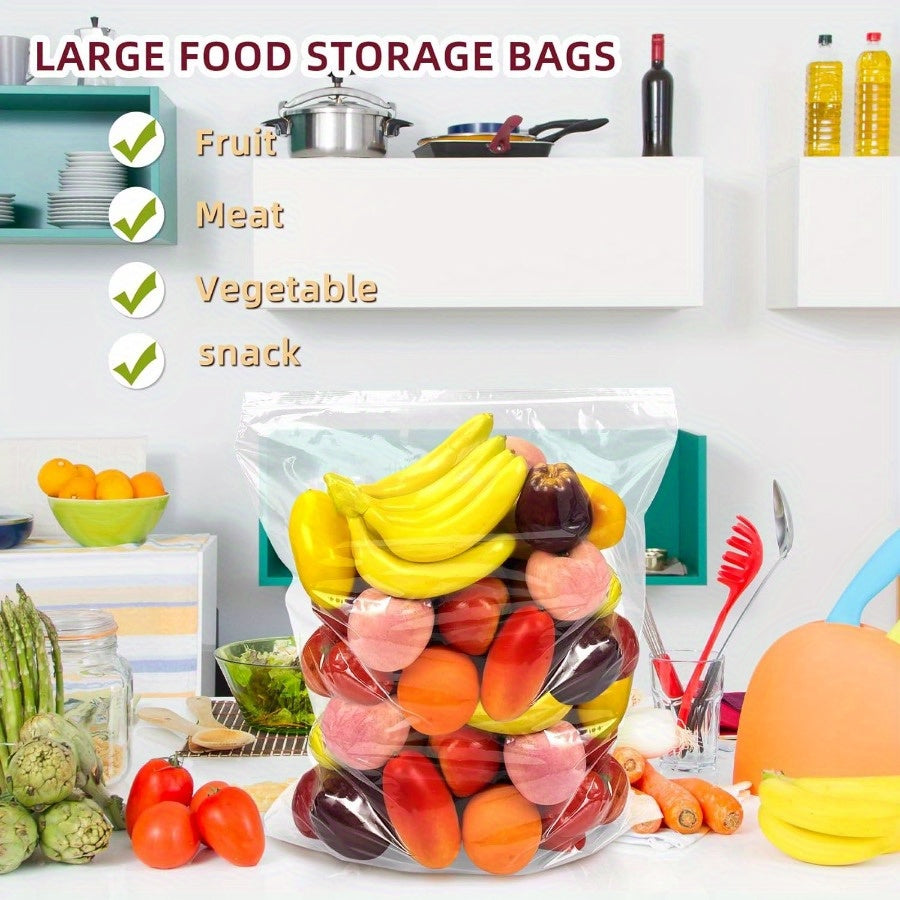 Get a pack of 6 large plastic zipper storage bags, each measuring 18.93 L and 45.72X60.96 cm. These clear reclosable bags are extra-thick and sealable, perfect for storage, food prep, moving, and more. BPA-free and reusable, these bags are great for