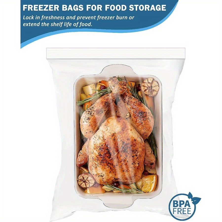 Get a pack of 6 large plastic zipper storage bags, each measuring 18.93 L and 45.72X60.96 cm. These clear reclosable bags are extra-thick and sealable, perfect for storage, food prep, moving, and more. BPA-free and reusable, these bags are great for