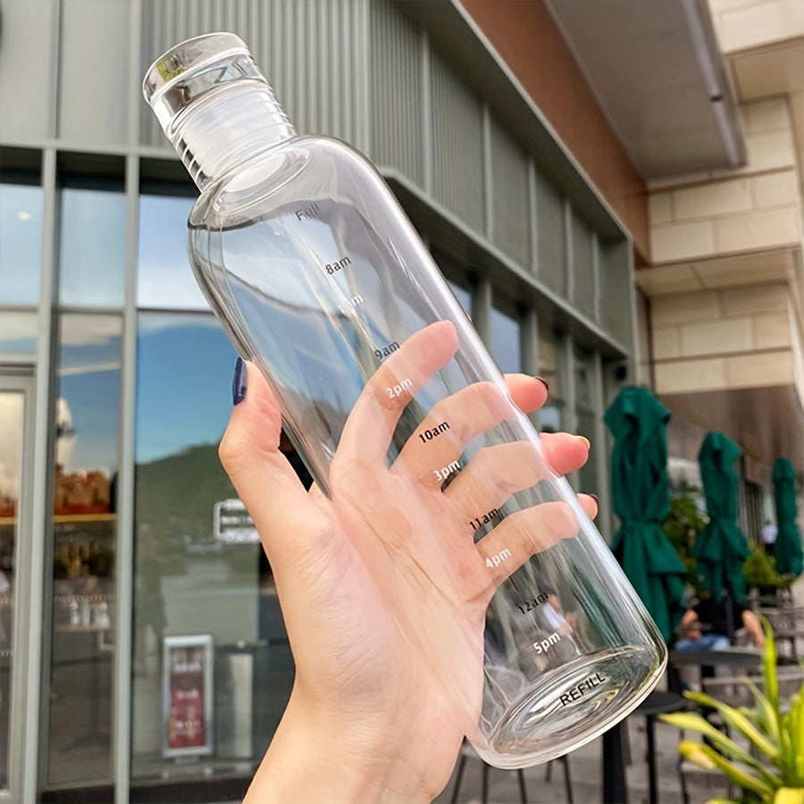 Leakproof sports water bottle available in 500ml or 700ml capacities. Handwash only, PVC-free, durable design with round shape and time scale.