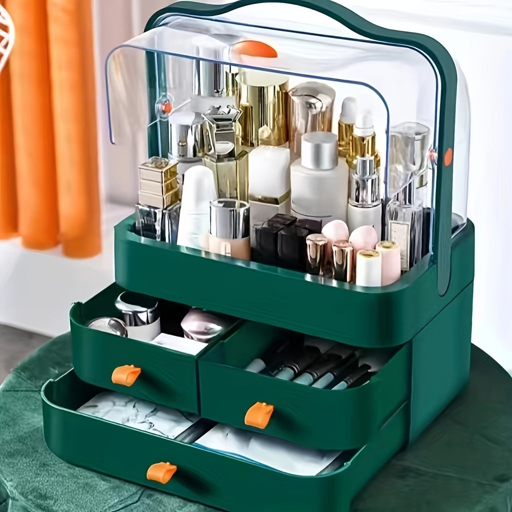 Makeup box with double opening and storage drawer for organizing cosmetics on bathroom countertop.